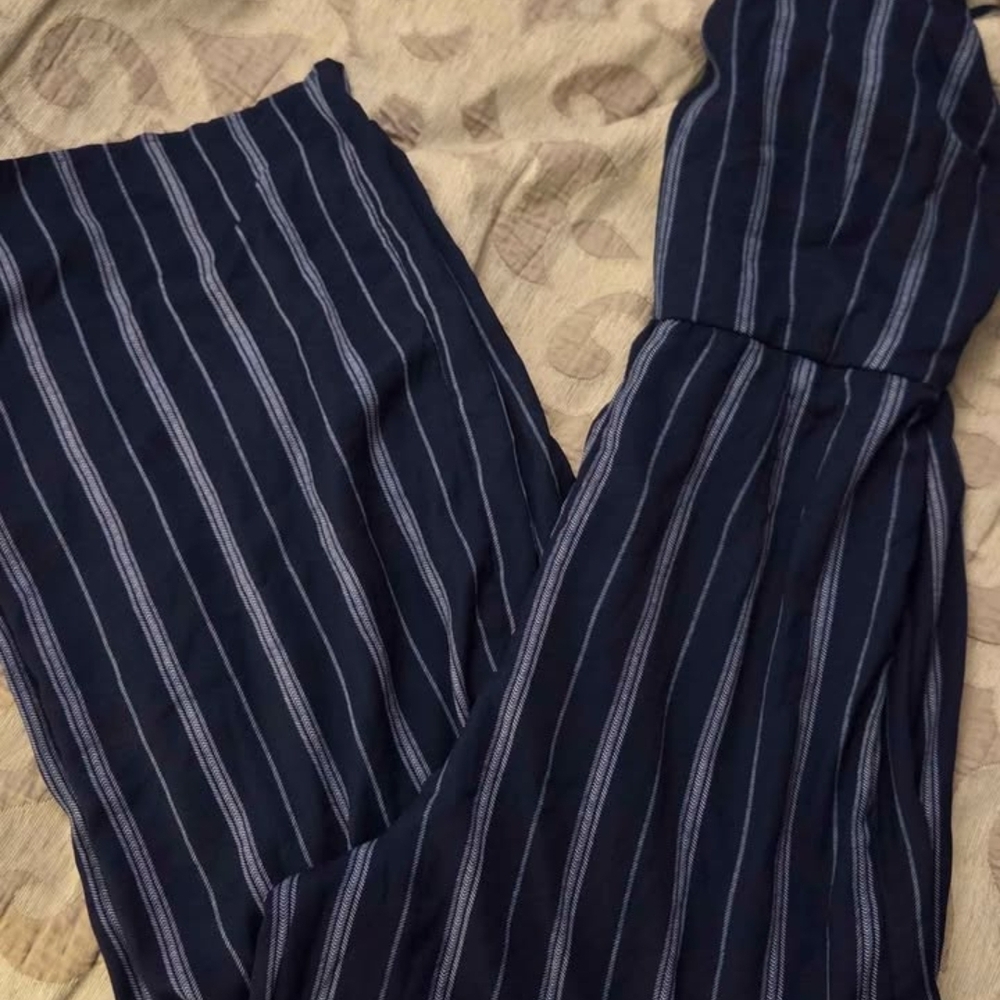 Japna Navy & White Vertical Stripe Wide-Leg Pants